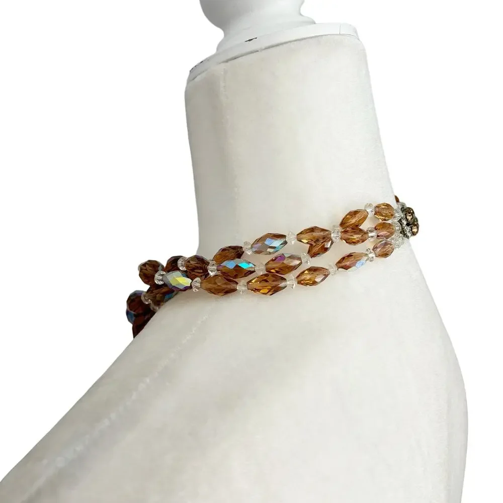 Vintage 1950s AB Crystal Triple Strand Necklace Amber Smokey Topaz Gold - Picture 5 of 12